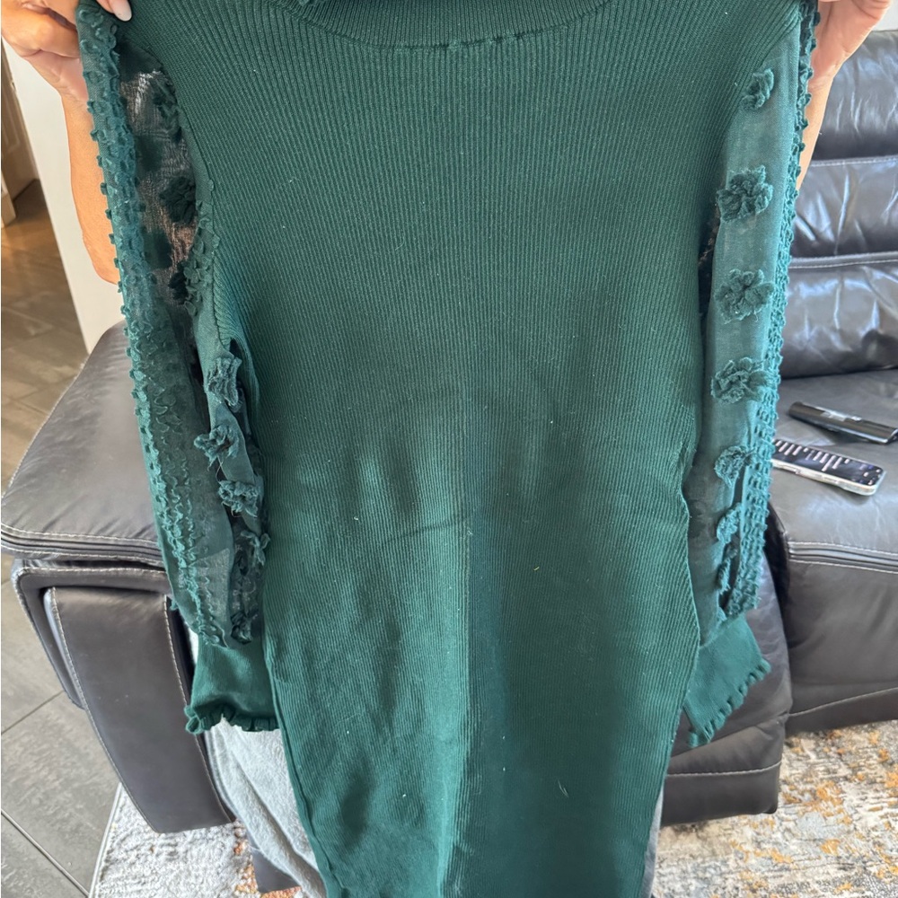Green Knit Sweater dress with Lace Sleeves